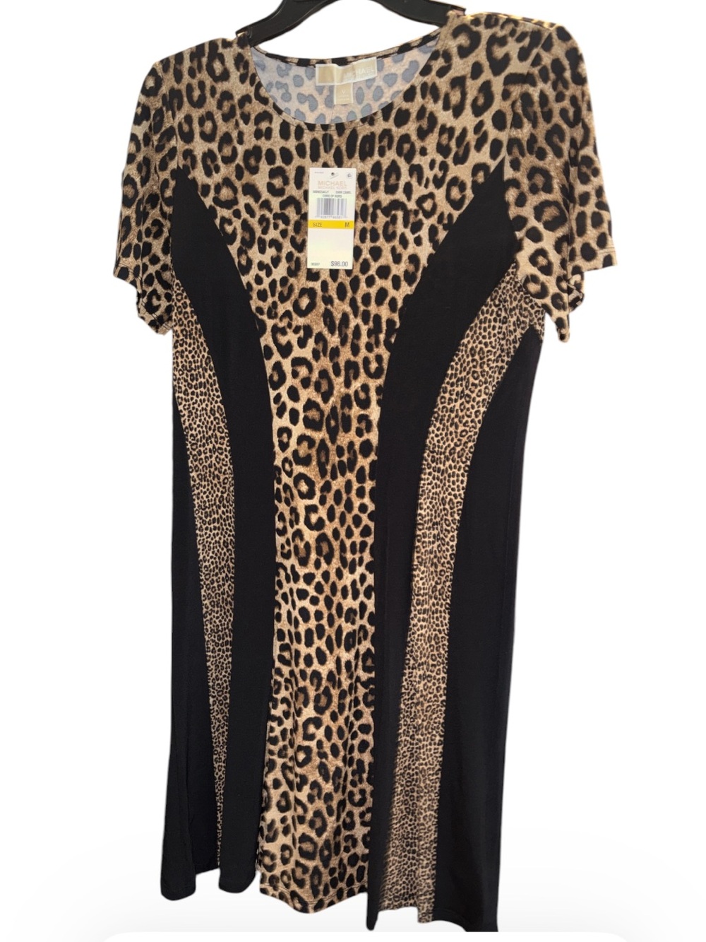 Michael Kors Leopard-Panel Short Sleeve Dress - Black and Tan